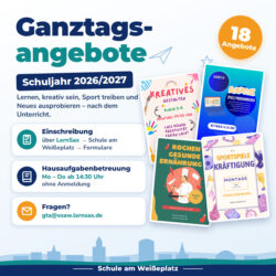 Ganztagsangebote Schuljahr 2026/2027: 18 Angebote. Einschreibung über LernSax, Hausaufgabenbetreuung Montag bis Donnerstag ab 14:30 Uhr ohne Anmeldung, Fragen an gta@osaw.lernsax.de.