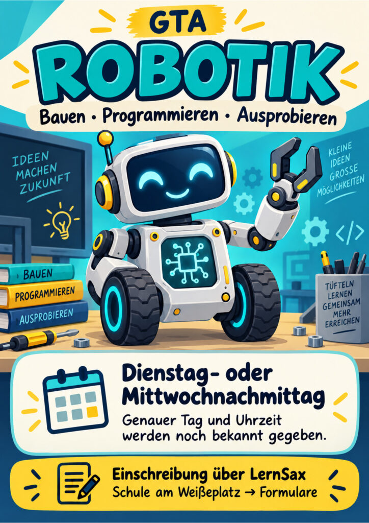 Robotik. Dienstag- oder Mittwochnachmittag. Genauer Tag und Uhrzeit werden noch bekannt gegeben. Einschreibung über LernSax → Schule am Weißeplatz → Formulare.